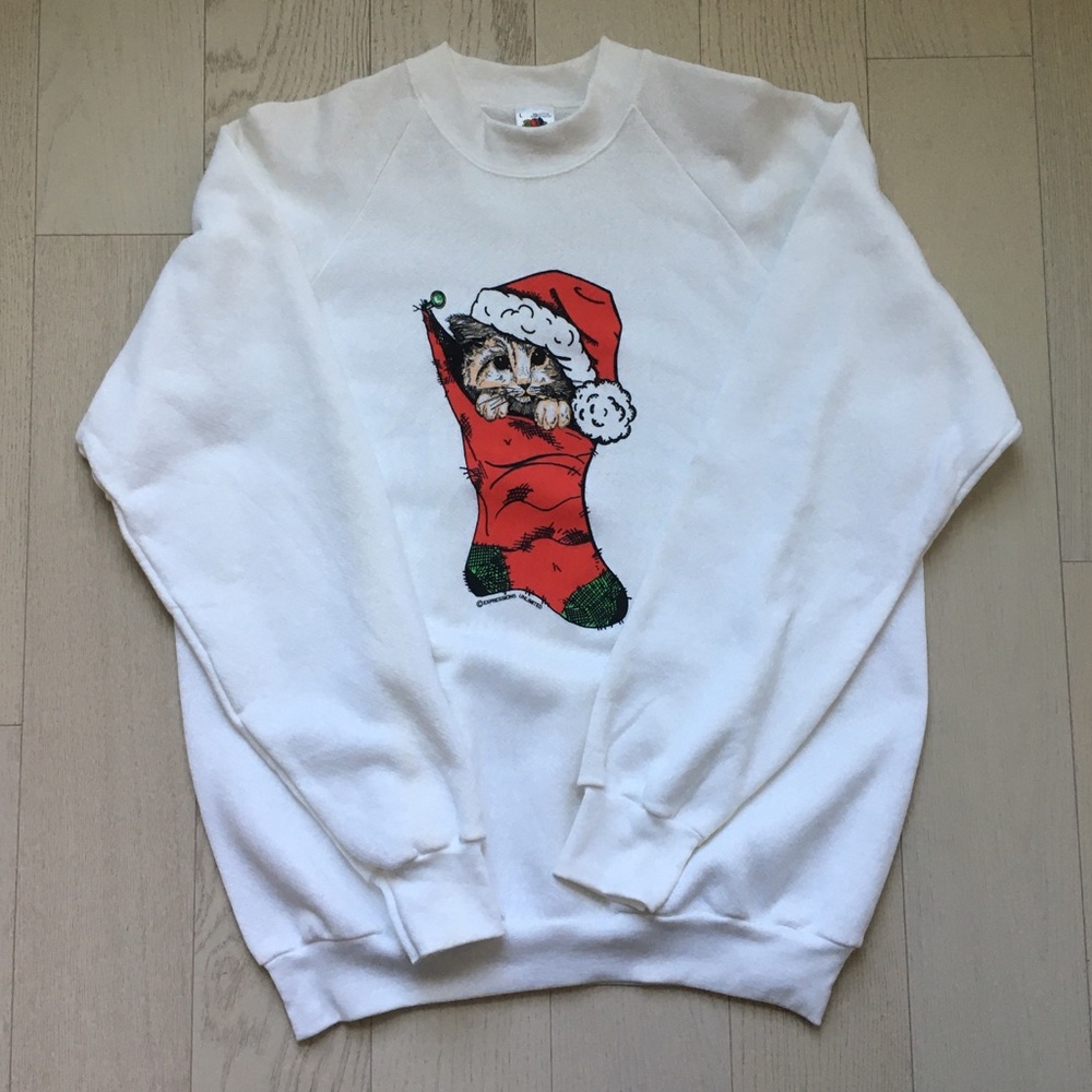 Fruit of the Loom White Christmas Cat Sweatshirt